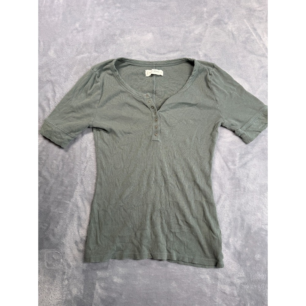 Lucky Brand Henley T Shirt Womens Medium Olive Green Ribbed Stretch Slim Fit